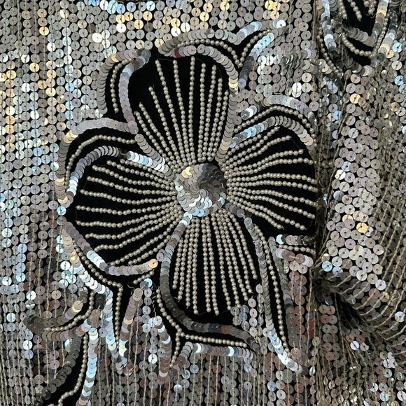 Vintage Unbranded Womens 100% Silk Silver Sequin Beaded Floral Blouse Maximalist - Picture 3 of 9